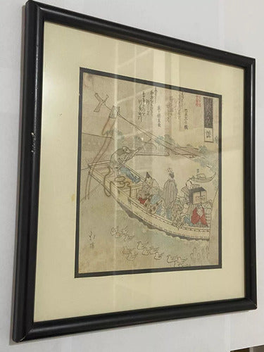 Quadro Com Pintura Japonesa Pássaros Barco Katsushika