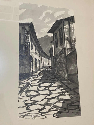 Quadro Nanquim - Rua Do Aleijadinho - Assinado M. Hollender