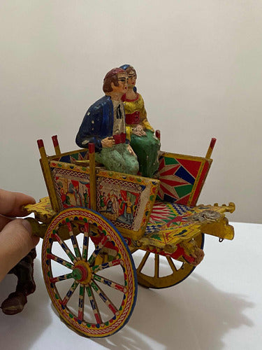 Antiga Mini Carroça Siciliana Com Cavalo E Figuras