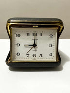 Vintage Europa Germany travel clock with 2 jewels, rectangular face and black leather folding case