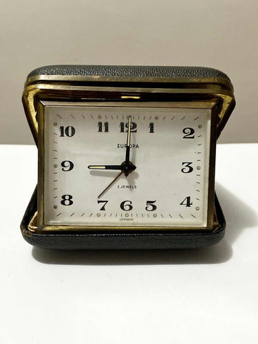 Vintage Europa Germany travel clock with 2 jewels, rectangular face and black leather folding case