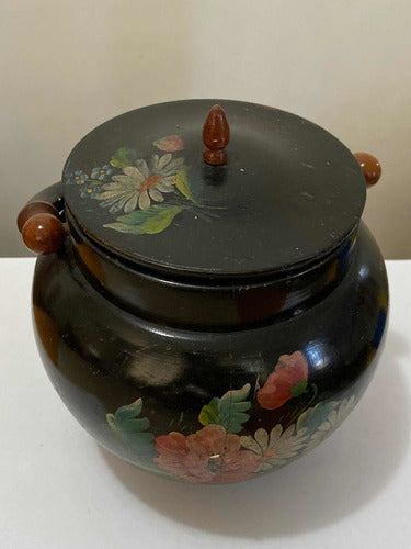 Vaso Antigo Pote De Madeira Com Pintura Flores