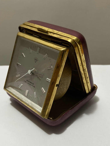Vintage Shanghai China 15 Jewels travel clock with gold-tone frame and folding protective case in burgundy color