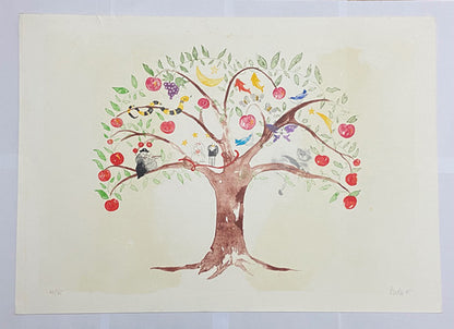 Quadro Gravura Antiga Árvore Da Vida Colorida E Assinada