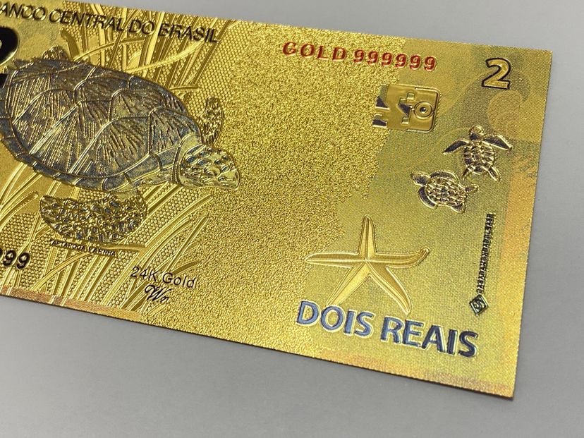 Cédula banhada ouro 24k brasil 2 reais fantasia