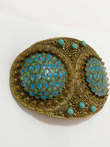 Fivela De Cinto Antiga Dourado Com Pedras Turquesa