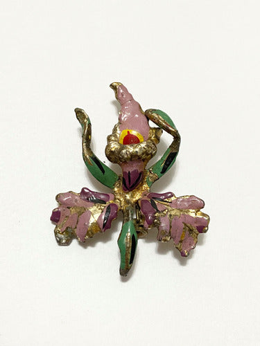 Broche Antigo Flor Dourado Pintura Colorida
