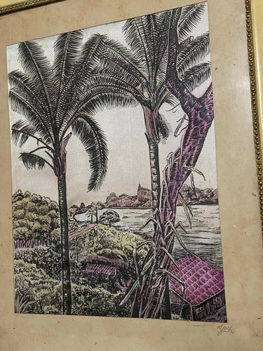 Quadro Antigo Pintura Sobre Seda Coqueiros Assinado