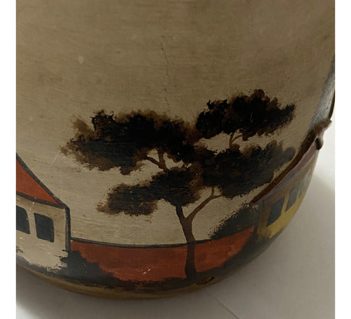 Vaso Cerâmica Pintado À Mão Paisagem Casas Igreja