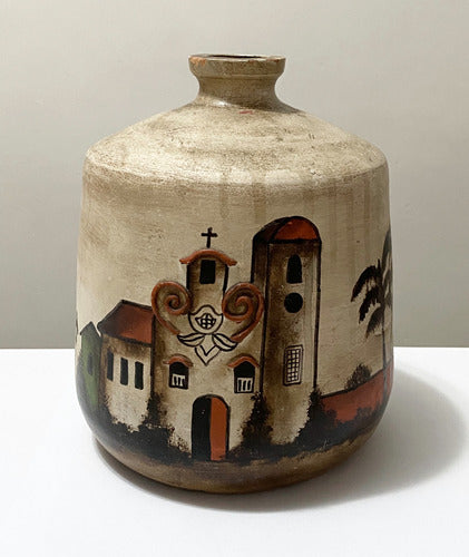 Vaso Cerâmica Pintado À Mão Paisagem Casas Igreja