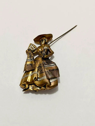 Broche Antigo Dourado Dama Com Leque