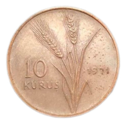 Moeda Antiga 1971 Turquia 10 Kurus Bronze