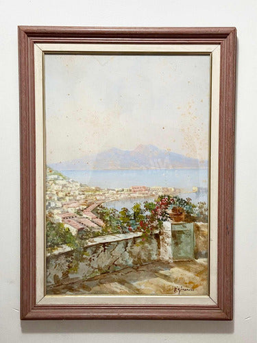 Quadro Antigo Pintura Vista Costa Italiana Assinado