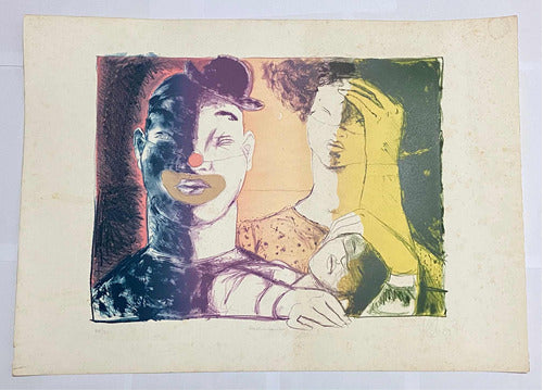 quadro gravura Antiga Circense Palhaço Saltimbancos Assinada 84
